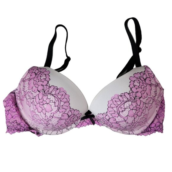 Victoria's Secret Push-Up Bra Pink Black 34C Lace Floral Underwire Dream Angels - Picture 1 of 12